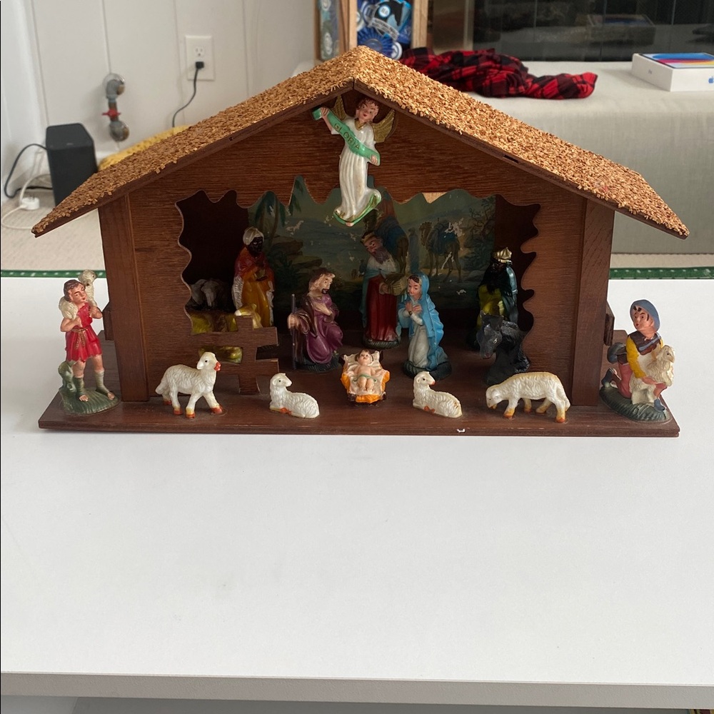 Christmas Nativity Set - Mid Century Plastic Wood Attached Figurines NO LIGHT
